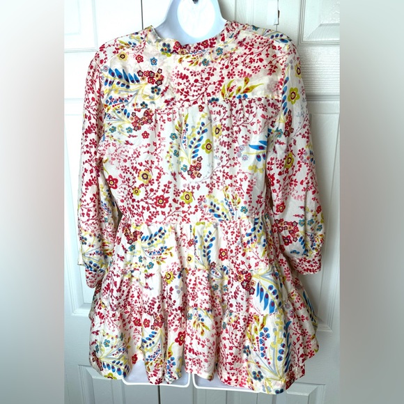 SUNDANCE Catalog Flower Festival Washable Silk Blouse Tiered Top Ivory Shirt - Picture 8 of 11